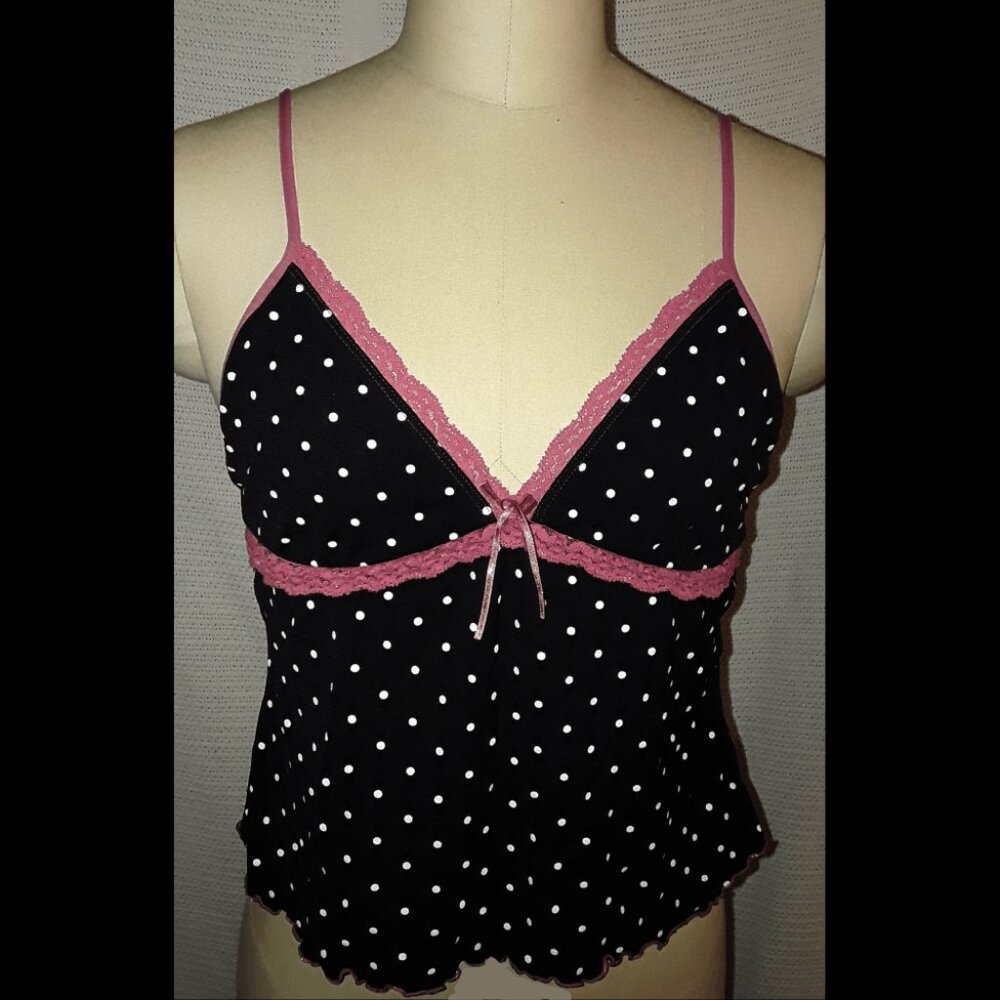 90s y2k 2000s Polka-dot babydoll camisole with pink trim, straps, and bow
